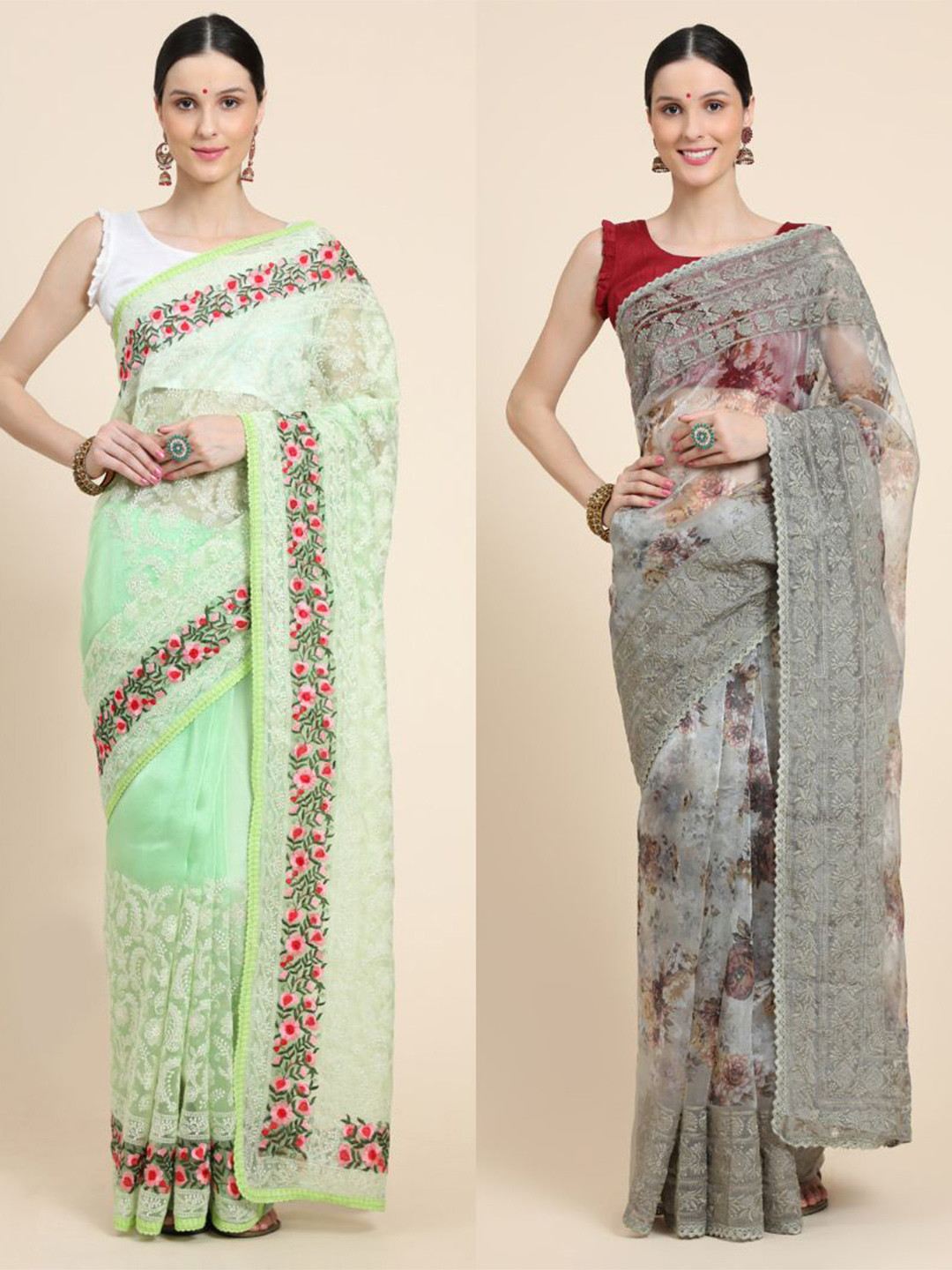 

Vastrasky Global Pack of 2 Embroidered Silk Cotton Mysore Silk Sarees, Green