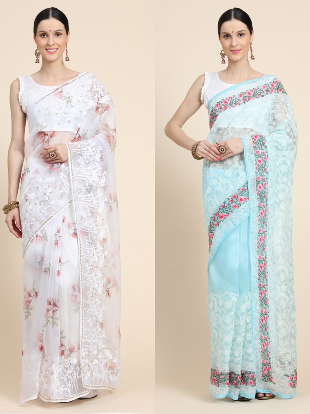 

Vastrasky Global Pack of 2 Floral Embroidered Silk Cotton Mysore Silk Sarees, Blue