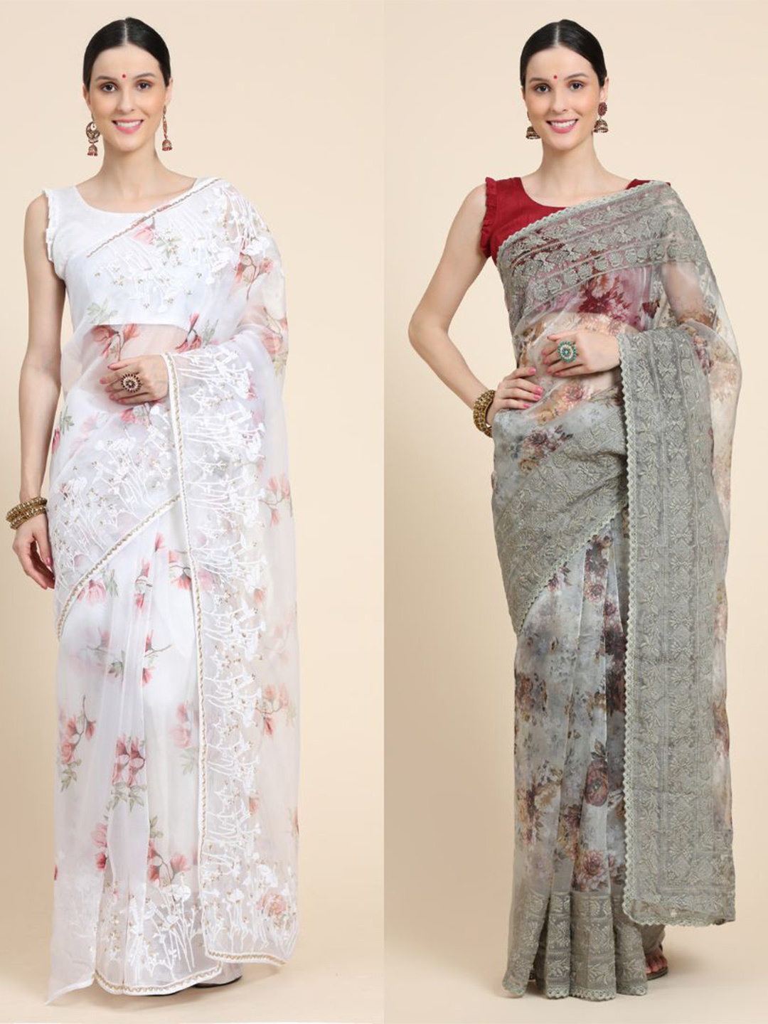 

Vastrasky Global Pack of 2 Floral Chikankari Silk Cotton Mysore Silk Sarees, White