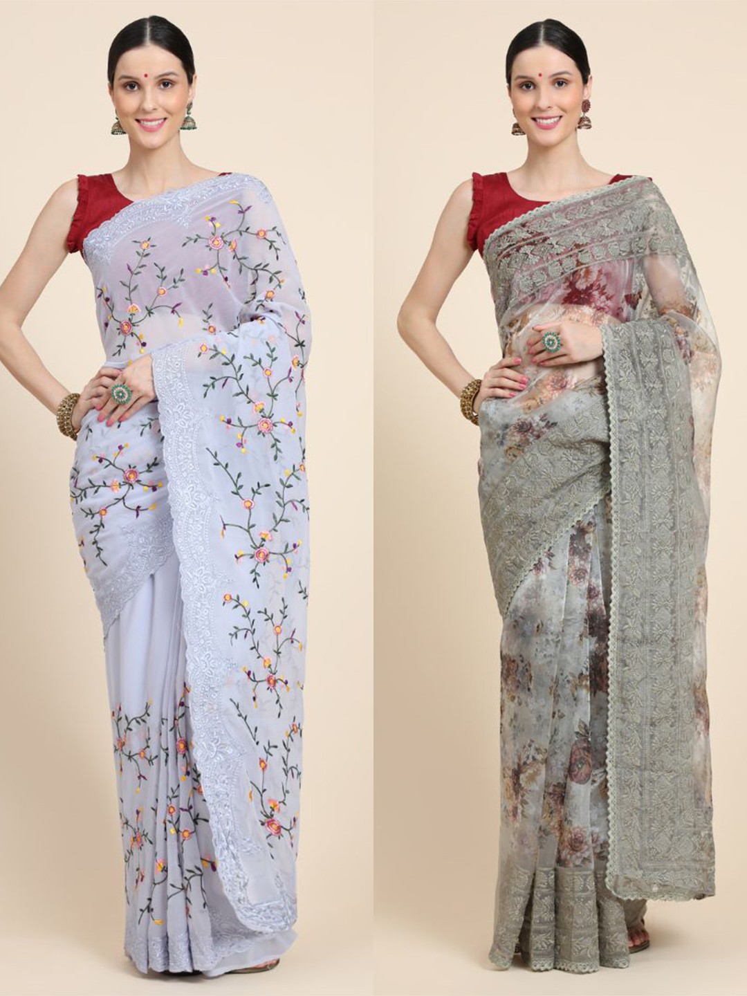 

Vastrasky Global Pack Of 2 Floral Silk Cotton Ready to Wear Mysore Silk Saree, Grey