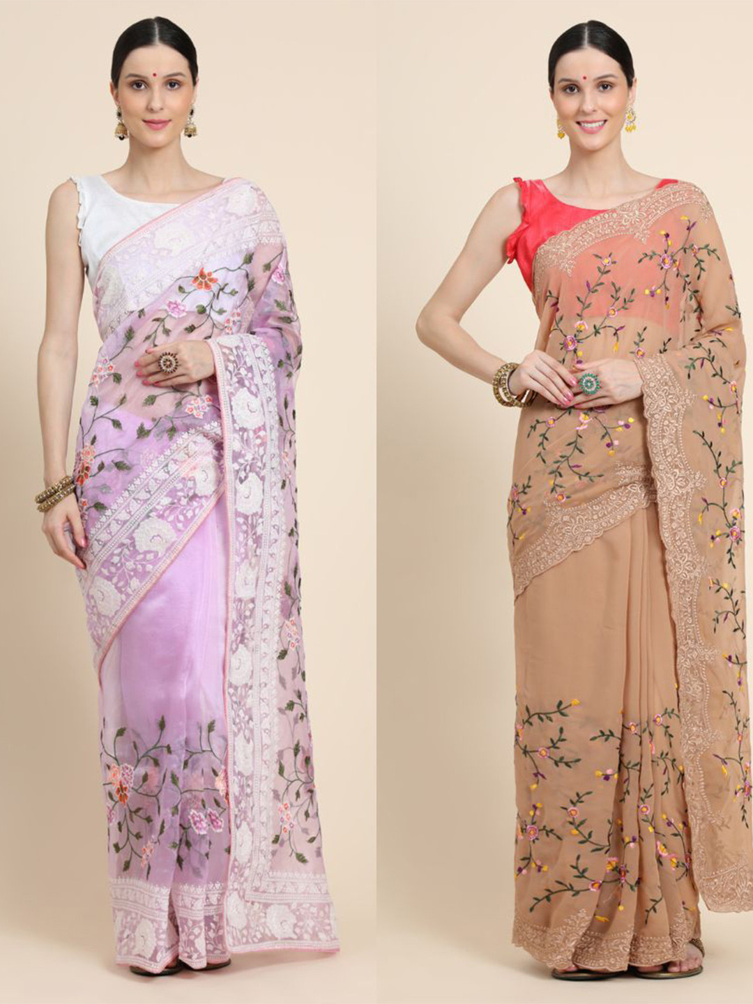 

Vastrasky Global Pack Of 2 Floral Phulkari Silk Cotton Ready to Wear Mysore Silk Saree, Lavender