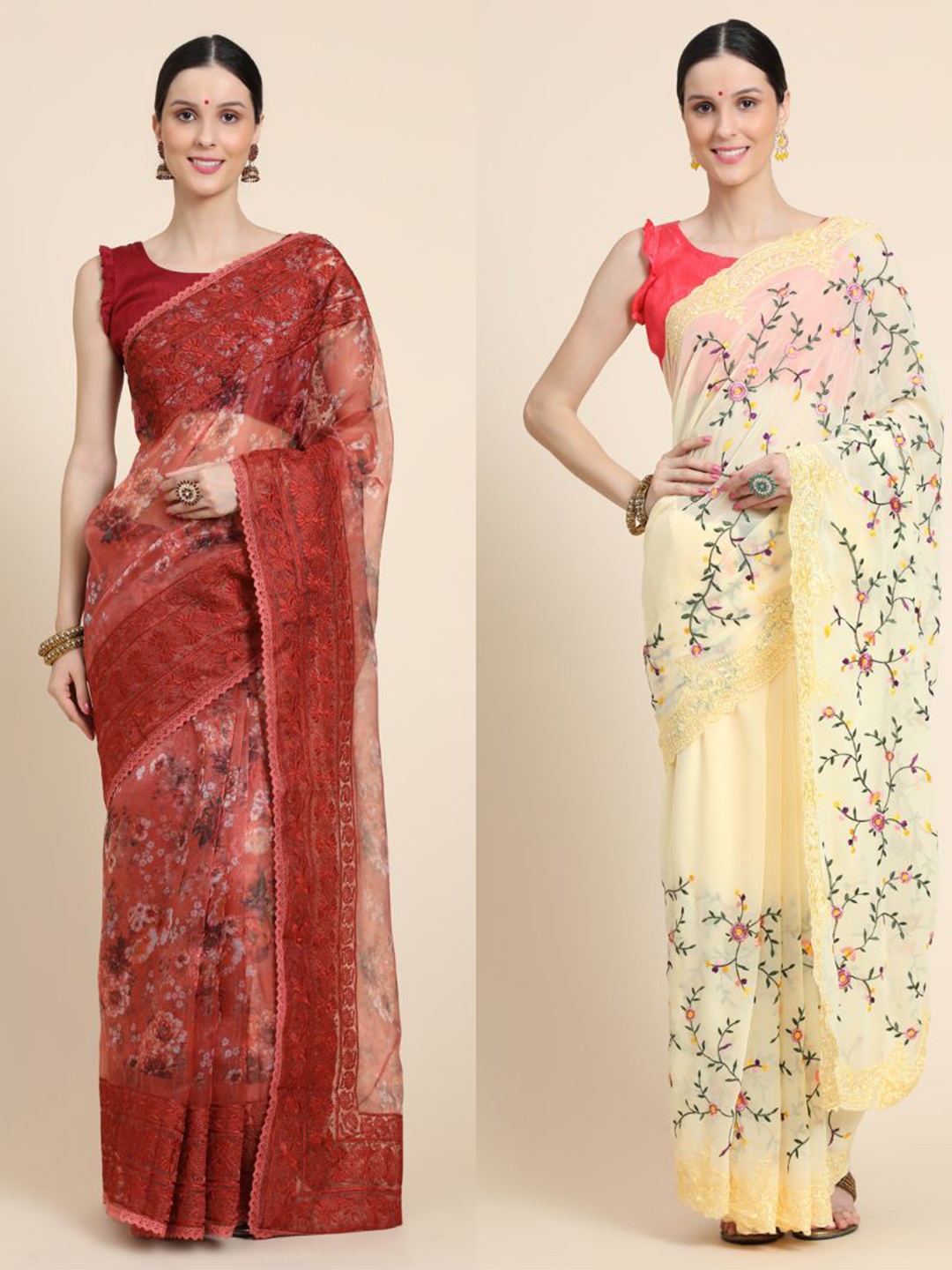 

Vastrasky Global Pack Of 2 Floral Embroidered Silk Cotton Ready to Wear Mysore Silk Saree, Yellow