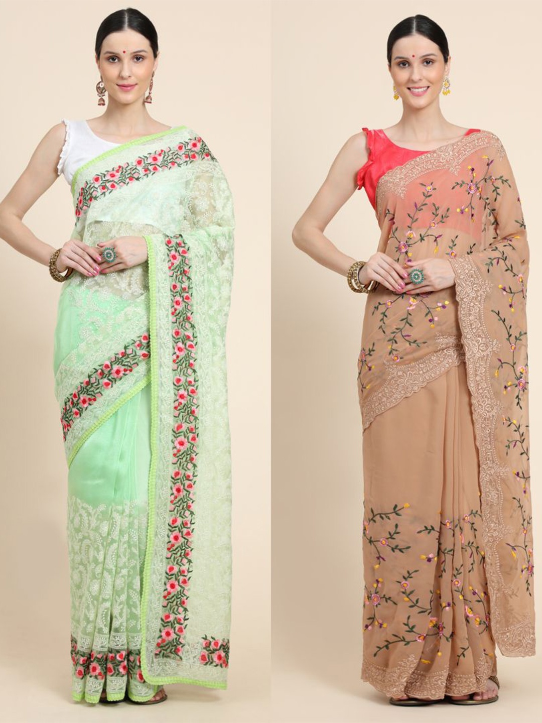 

Vastrasky Global Pack of 2 Floral Embroidered Silk Cotton Mysore Silk Saree, Brown