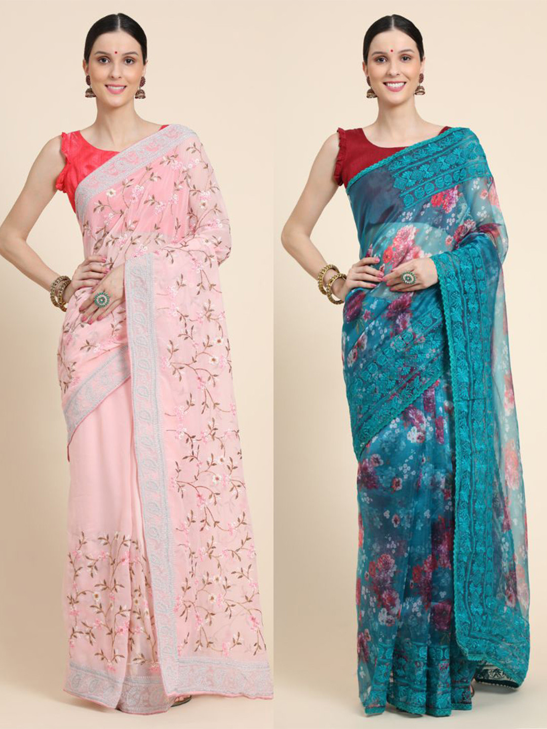 

Vastrasky Global Pack of 2 Floral Embroidered Silk Cotton Mysore Silk Saree, Tan