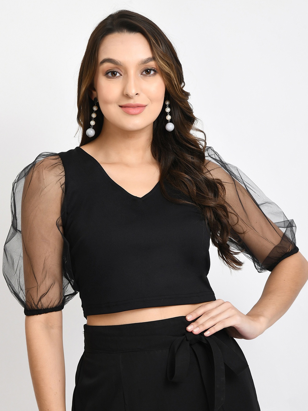 

V&M Puff Sleeve Net Crop Top, Black