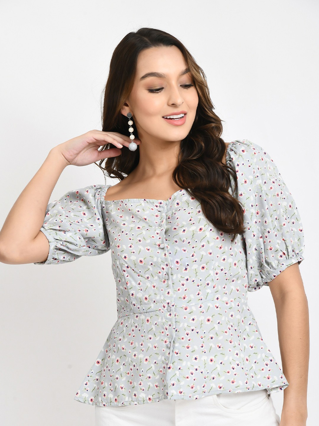 

V&M Floral Print Off-Shoulder Crepe Bardot Top, Grey