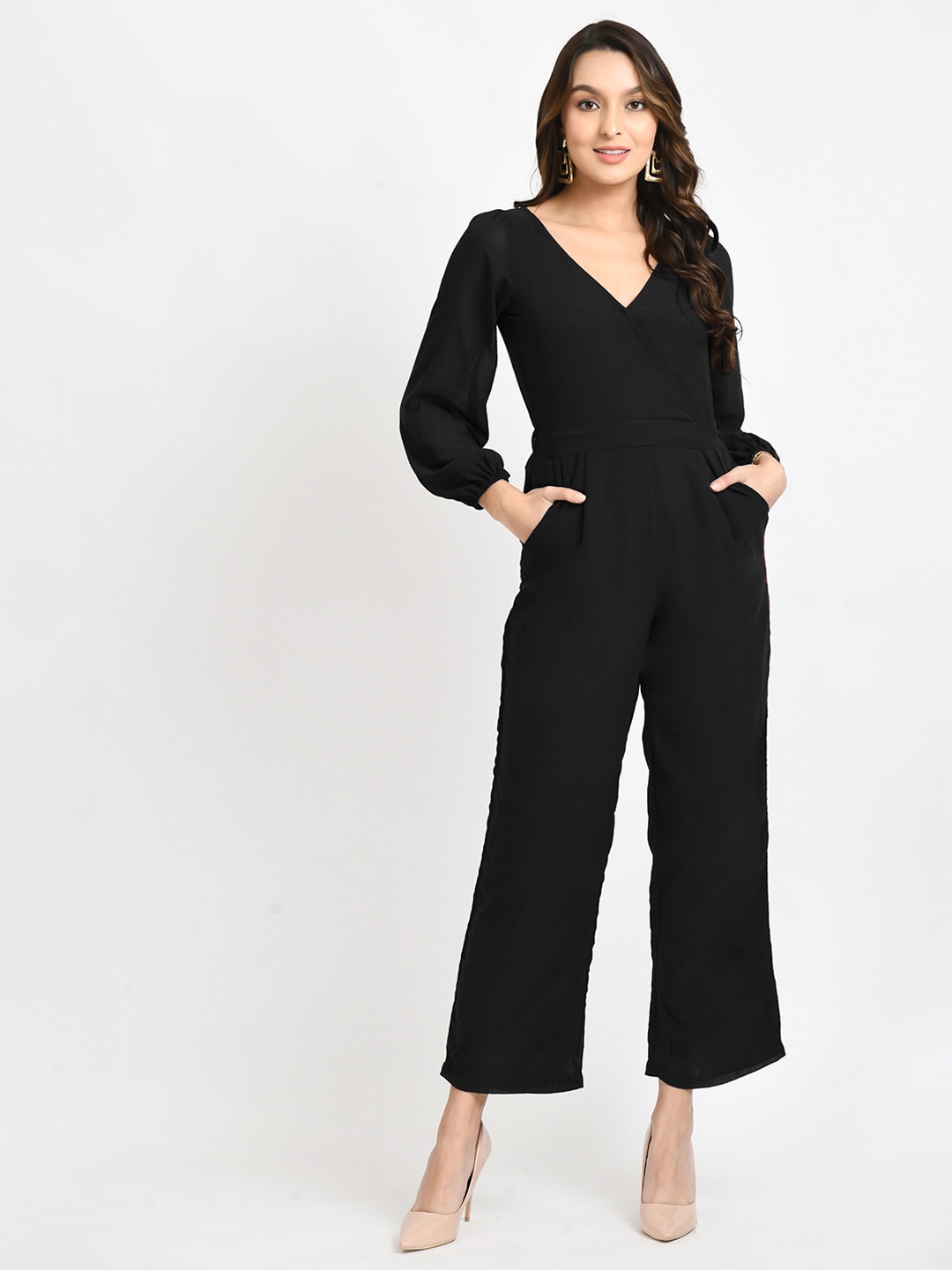 

V&M V- Neck Cuffed Sleeves Basic Jumpsuit, Black