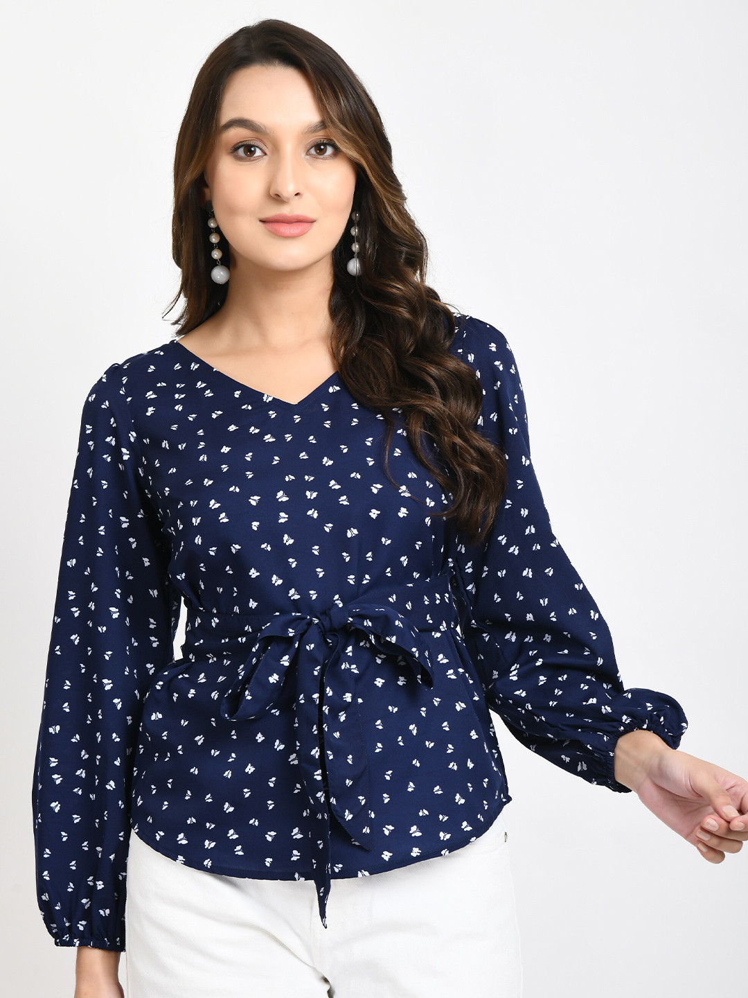 

V&M Print Waist Tie-Ups Crepe Top, Navy blue