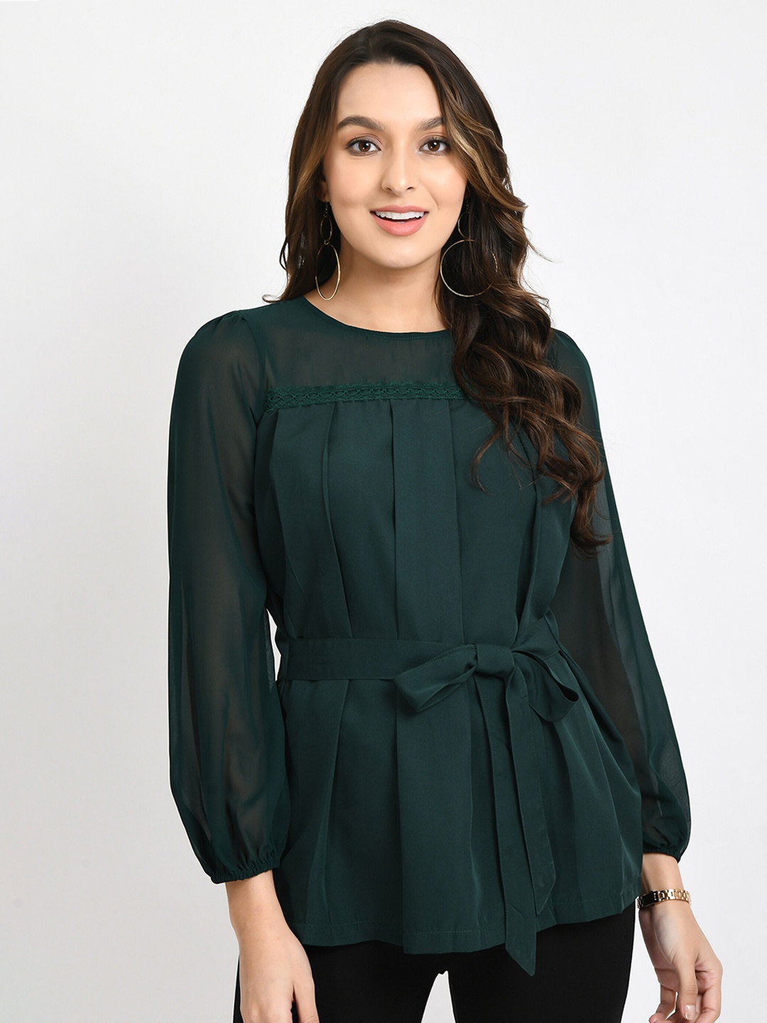 

V&M Pleated Waist Tie-Ups Crepe Top, Green
