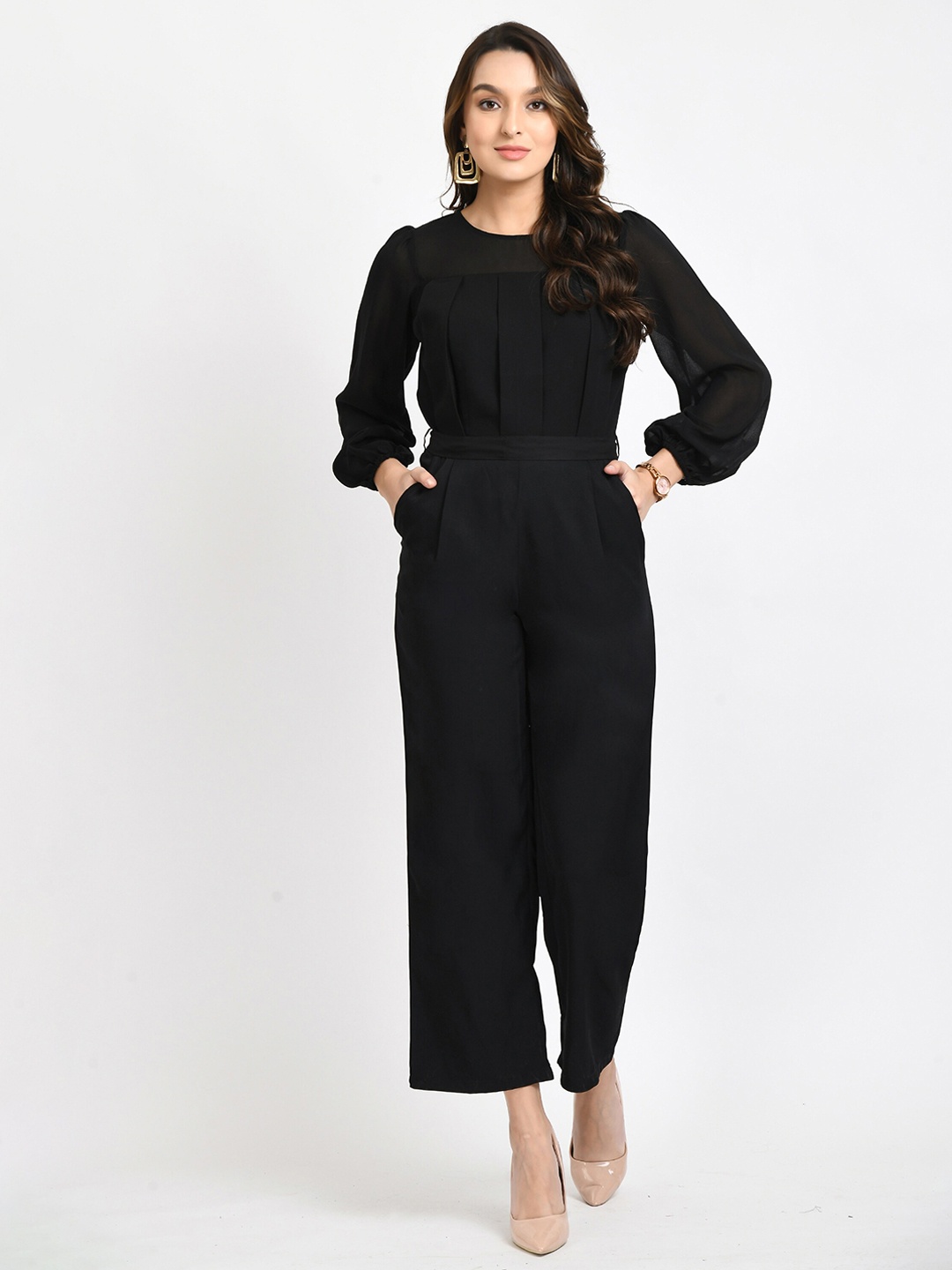 

V&M Pleated Full Sleeves Basic Jumpsuit, Black