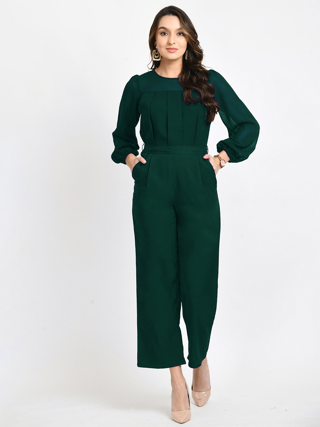 

V&M Pleated Full Sleeves Basic Jumpsuit, Green
