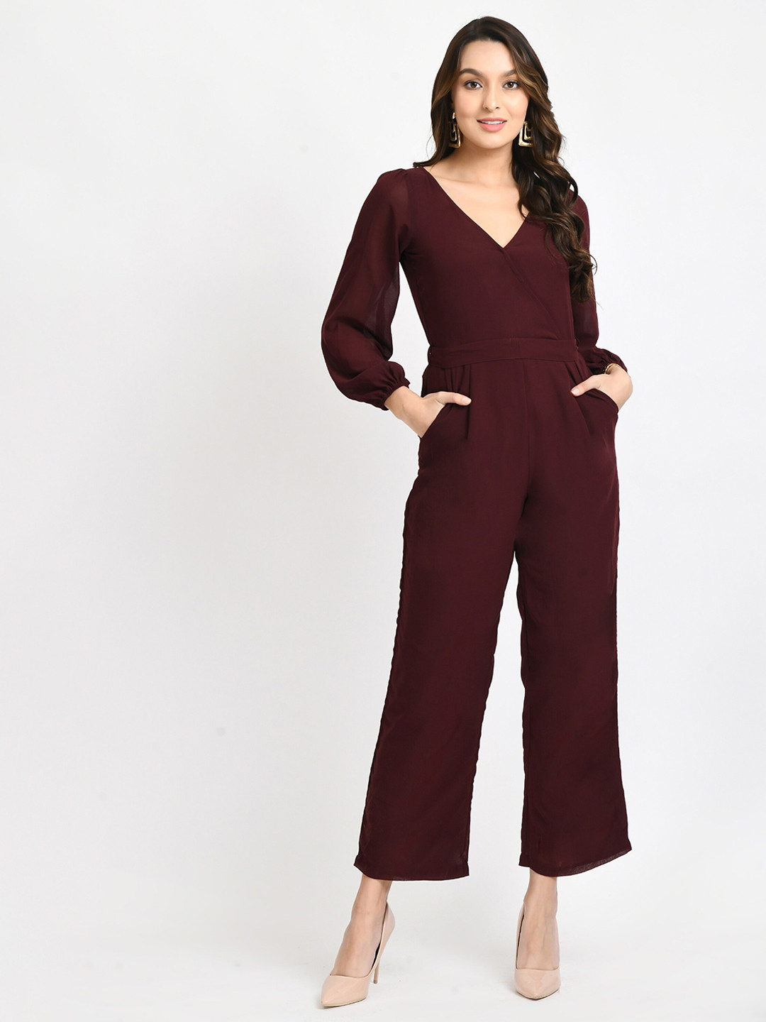 

V&M V- Neck Full Sleeve Basic Jumpsuit, Brown