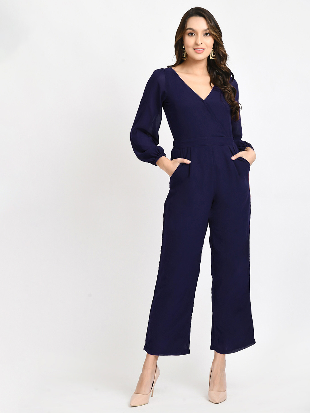 

V&M V- Neck Full Sleeve Basic Jumpsuit, Navy blue
