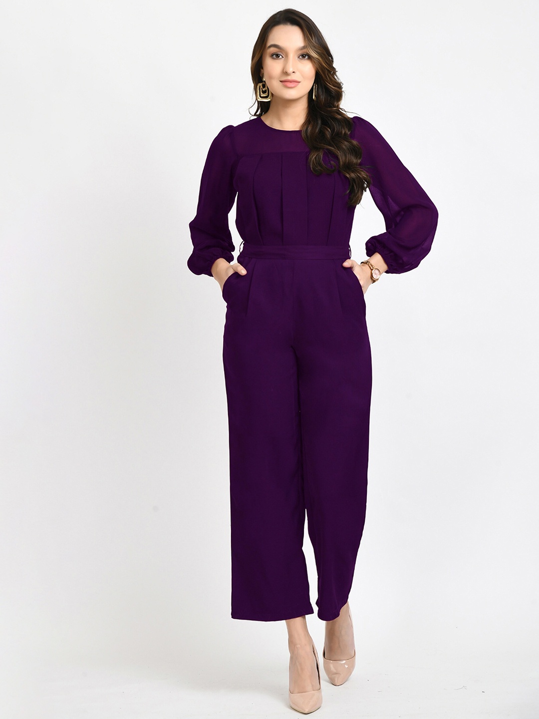 

V&M Pleated Full Sleeves Basic Jumpsuit, Purple