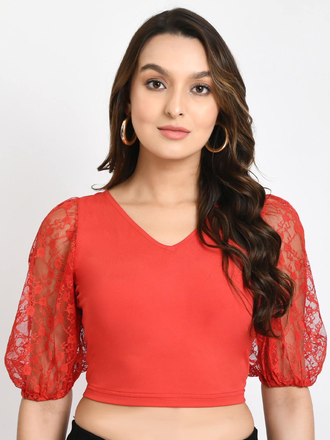 

V&M Puff Sleeve Net Crop Top, Red