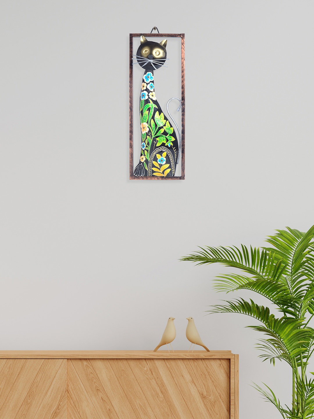 

Golden Peacock Black & Green Cat Design Metal Wall Hanging
