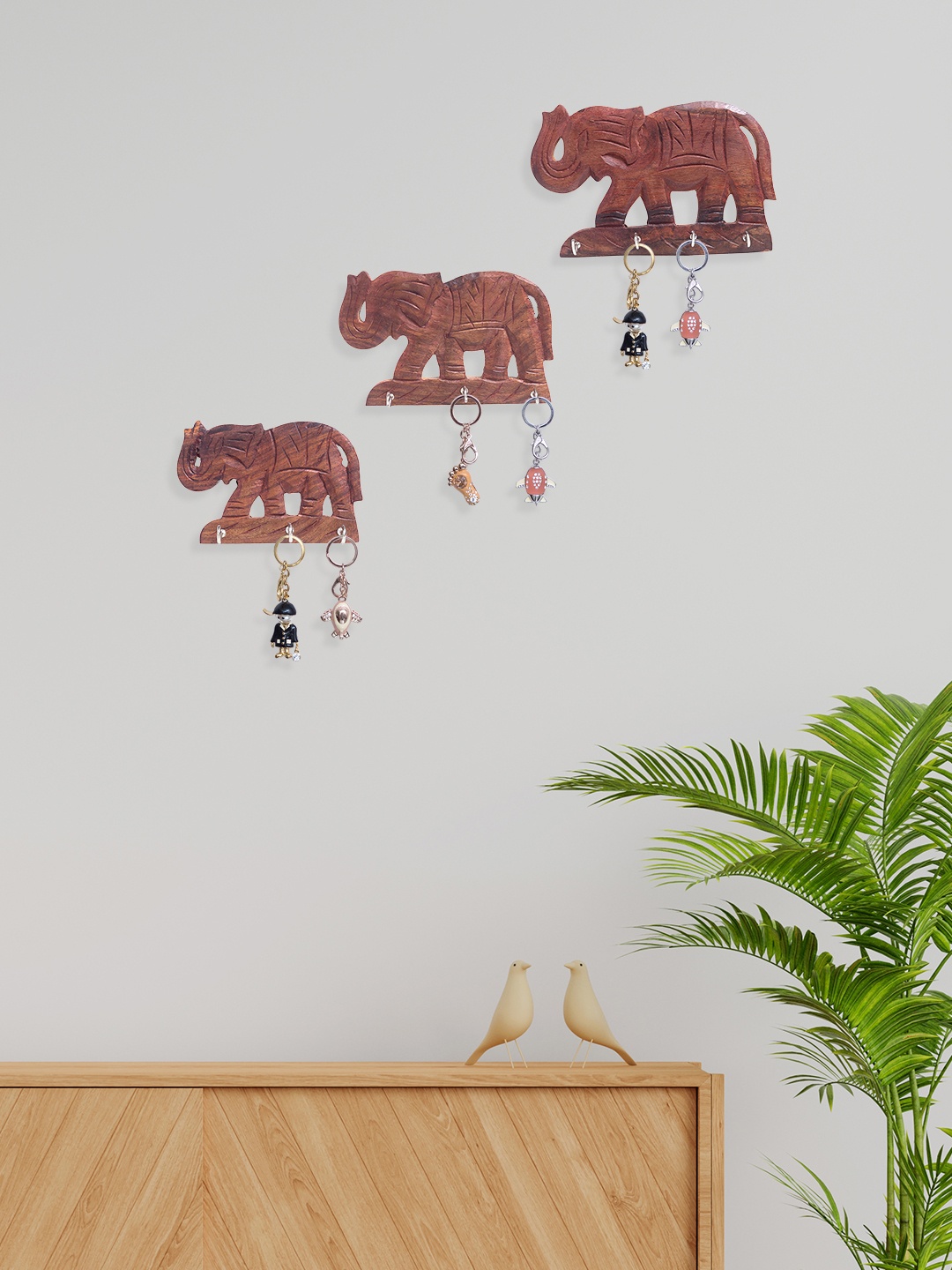 

Golden Peacock Set Of 3 Brown Wooden Elephant Key Holders