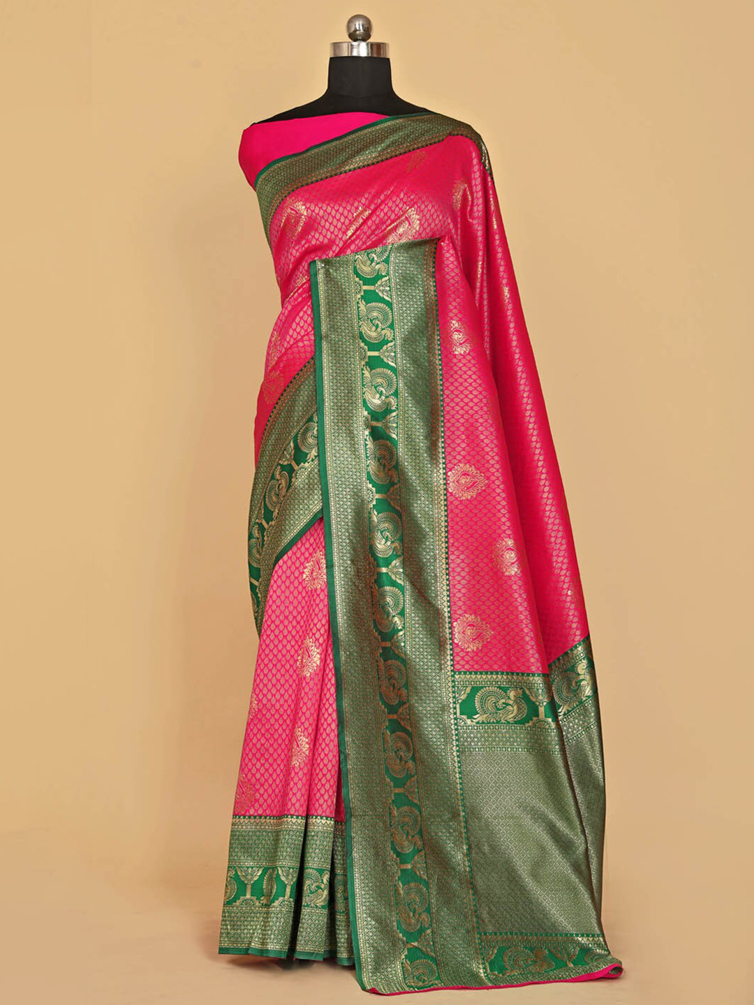

BESUCHER Ethnic Motifs Silk Blend Kanjeevaram Saree, Pink