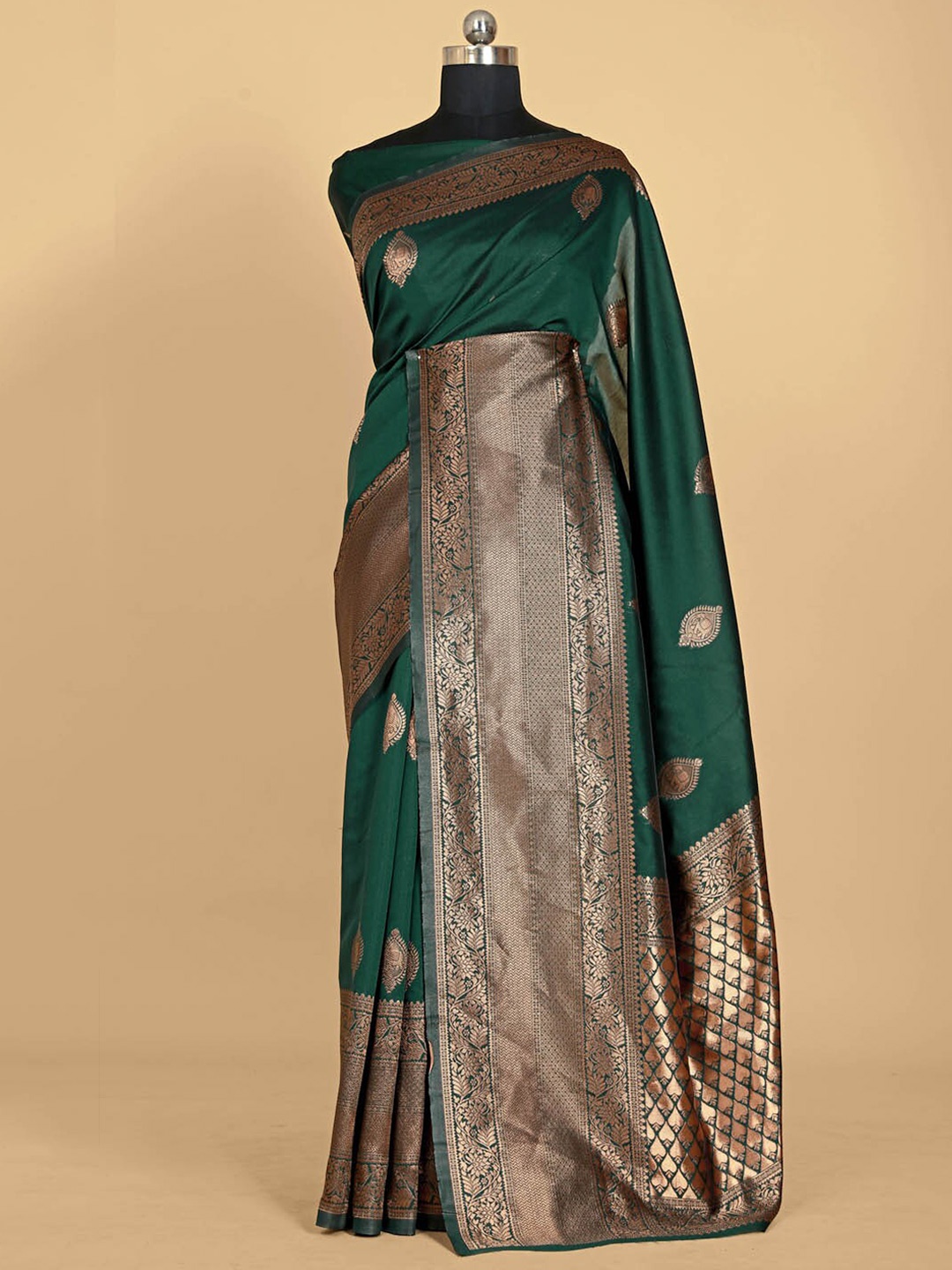 

BESUCHER Ethnic Motifs Zari Silk Blend Banarasi Saree, Green