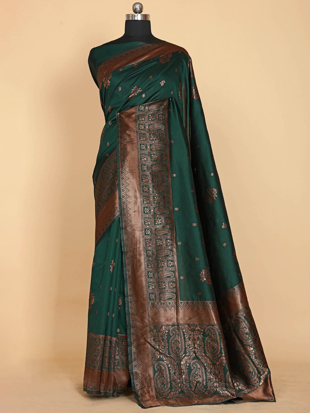 

BESUCHER Woven Design Zari Silk Blend Kanjeevaram Saree, Green