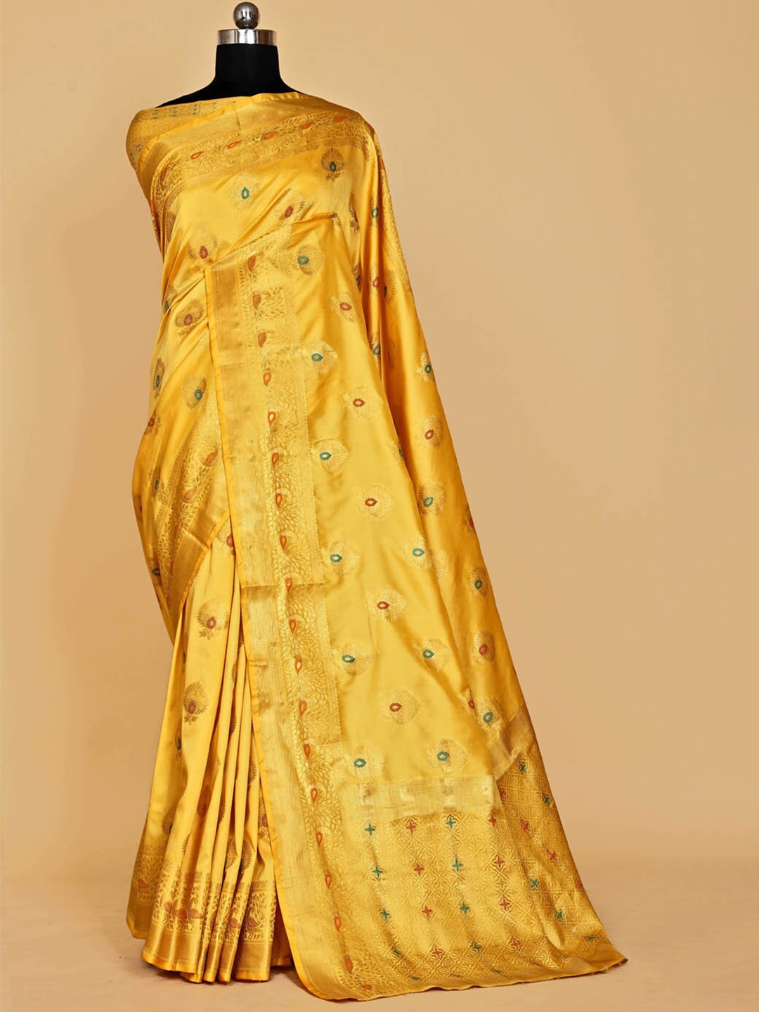 

BESUCHER Woven Design Zari Silk Blend Kanjeevaram Saree, Yellow