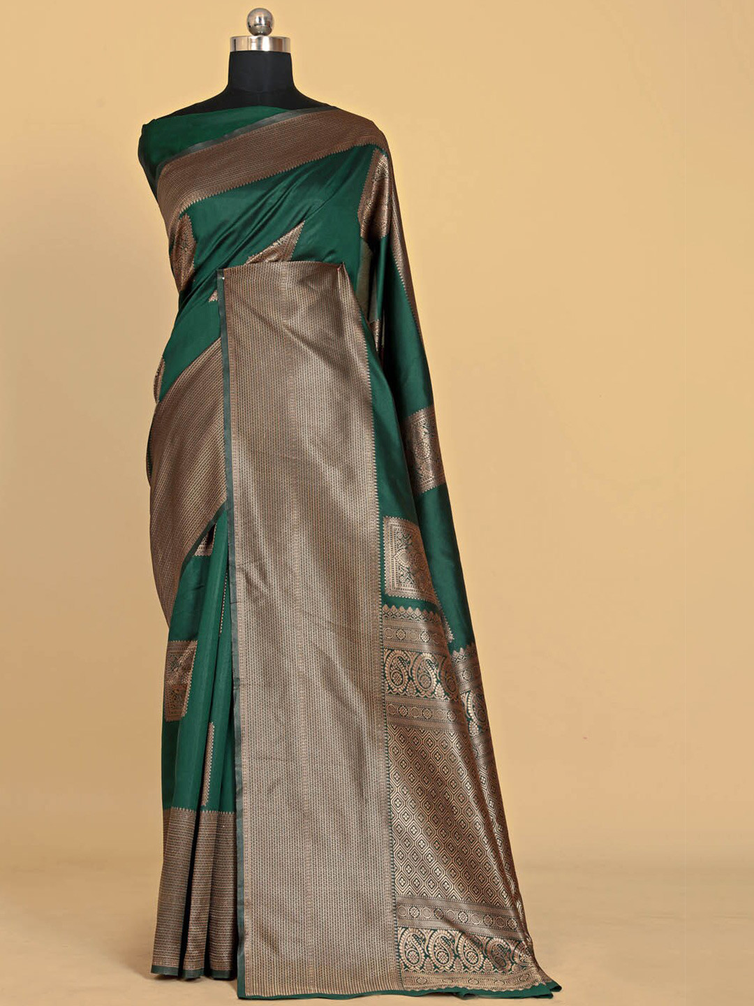 

BESUCHER Ethnic Motifs Zari Silk Blend Kanjeevaram Saree, Green