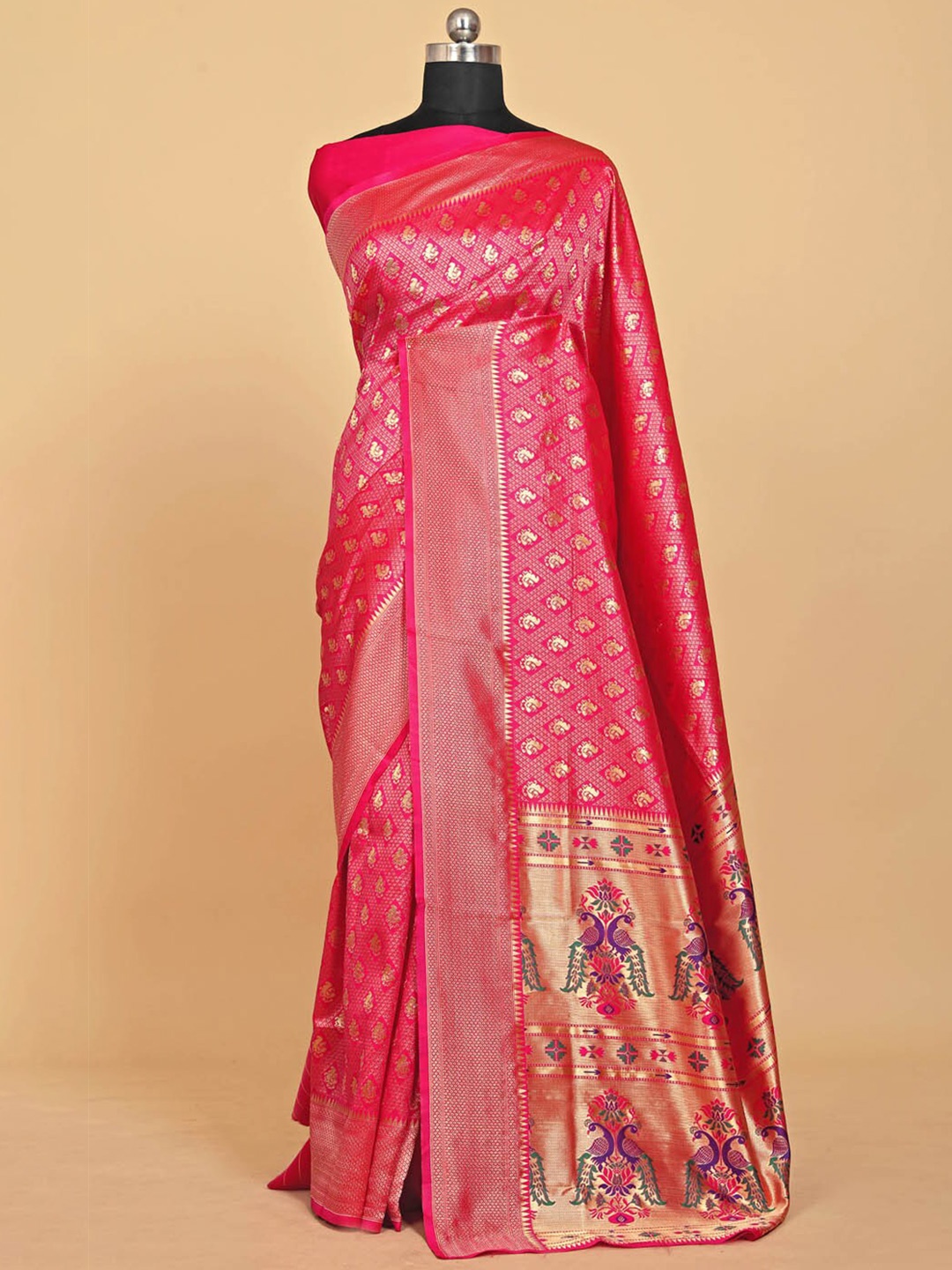 

BESUCHER Ethnic Motifs Zari Silk Blend Kanjeevaram Saree, Pink