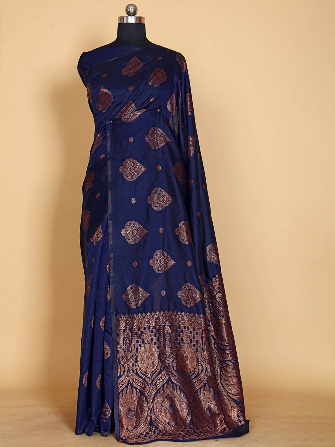 

BESUCHER Ethnic Motifs Zari Silk Blend Kanjeevaram Saree, Navy blue