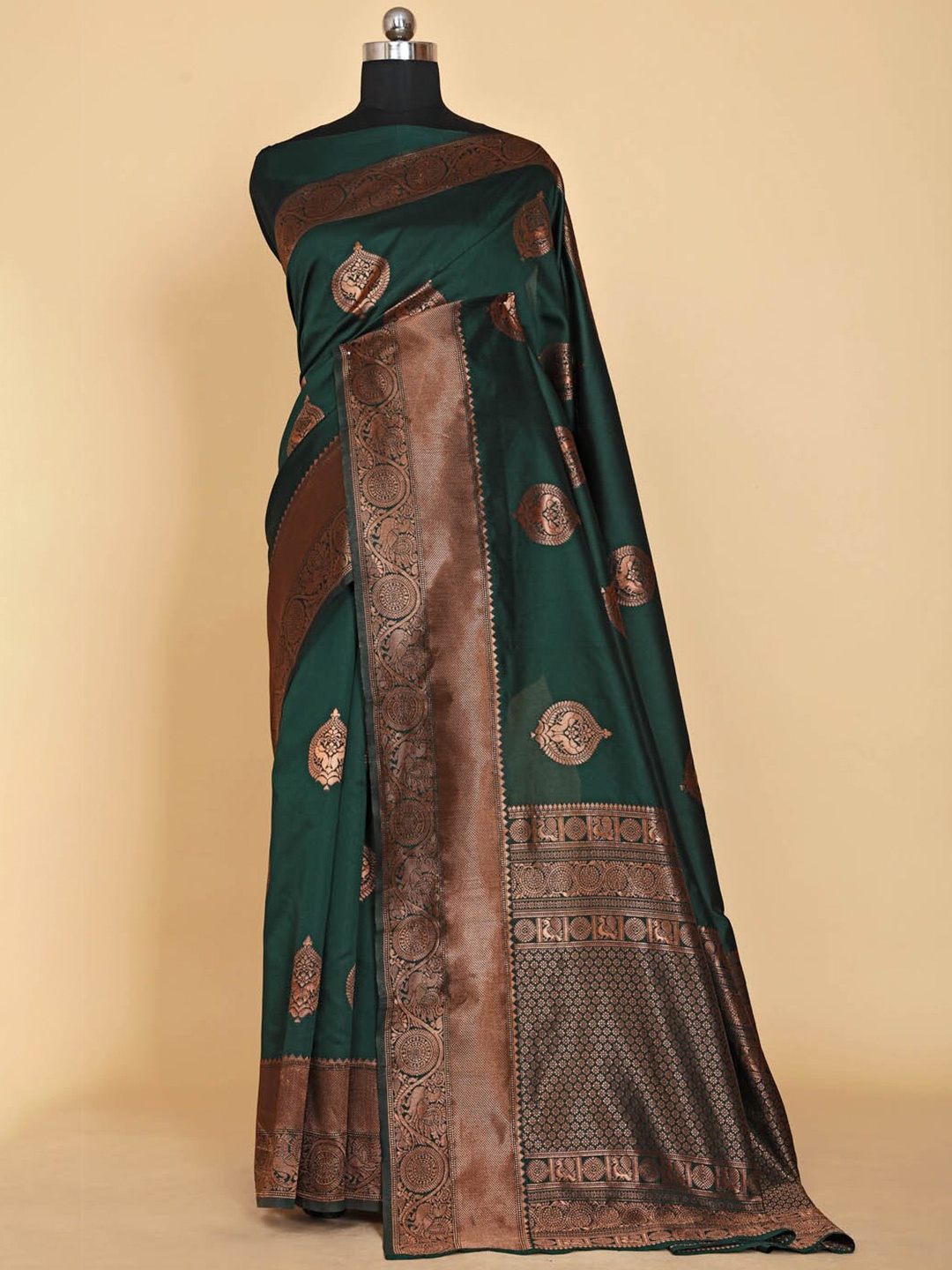 

BESUCHER Ethnic Motifs Zari Silk Blend Kanjeevaram Saree, Green