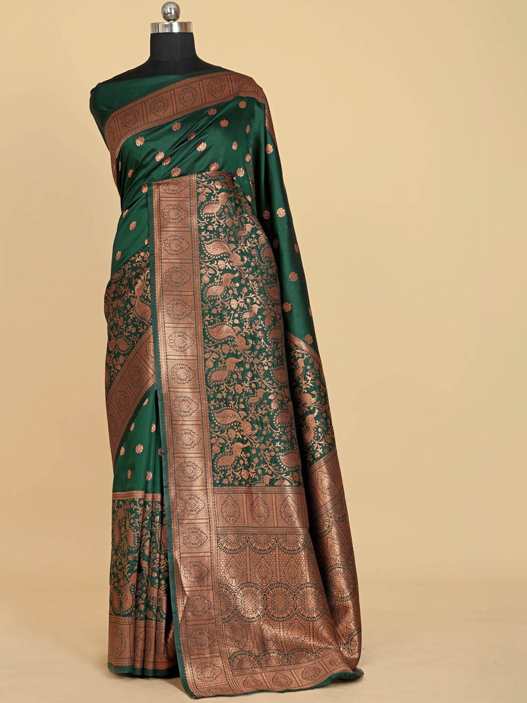 

BESUCHER Ethnic Motifs Zari Silk Blend Kanjeevaram Saree, Green