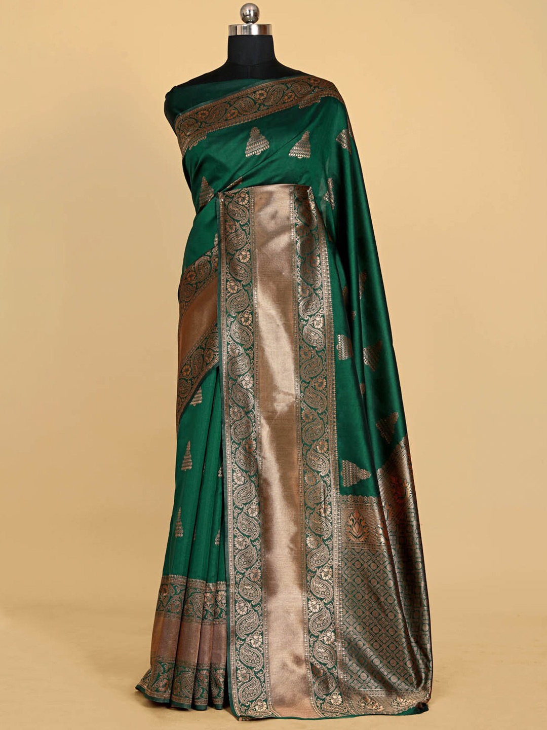 

BESUCHER Ethnic Motifs Zari Silk Blend Kanjeevaram Saree, Green