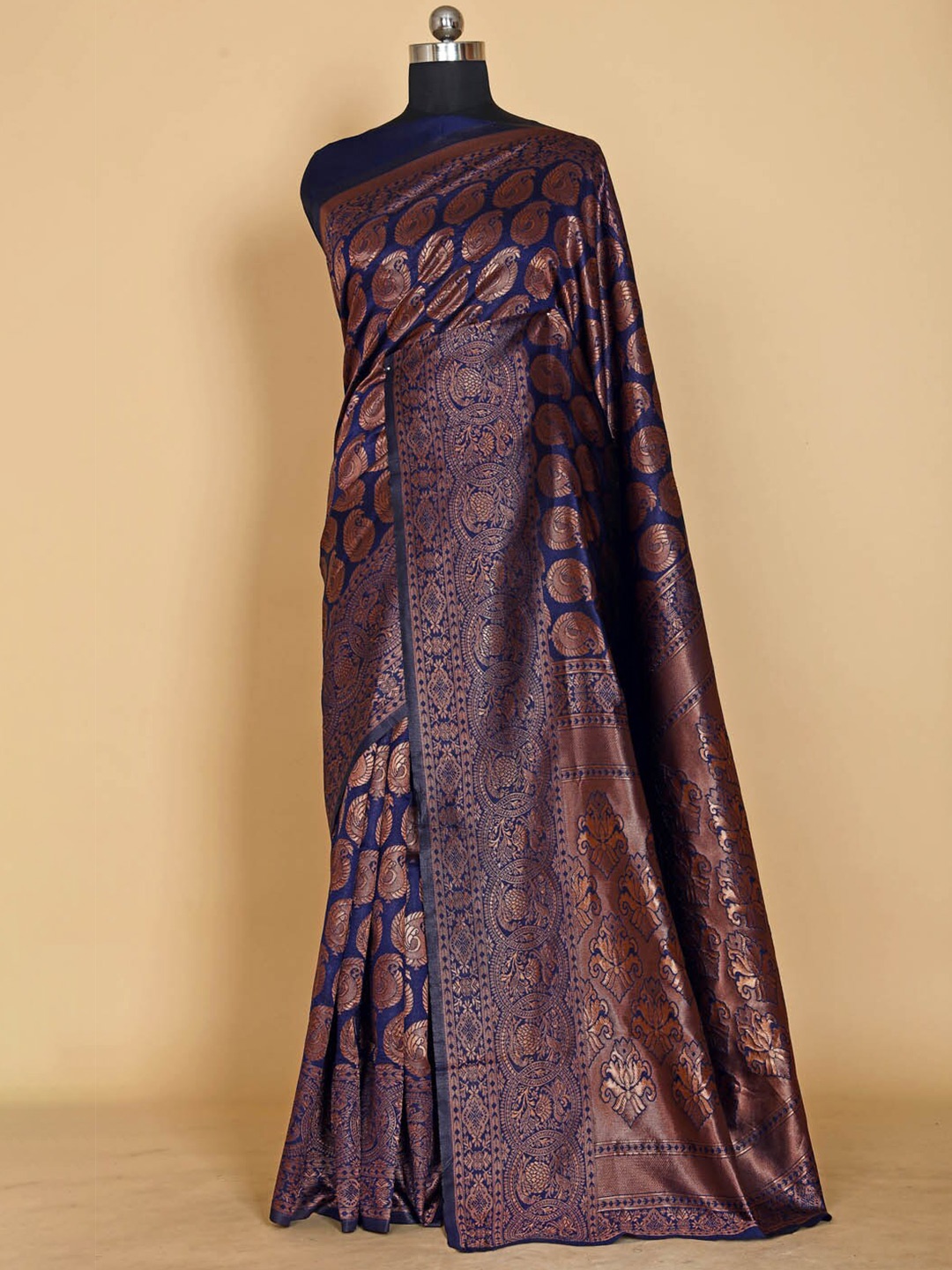 

BESUCHER Woven Design Zari Silk Blend Banarasi Saree, Navy blue