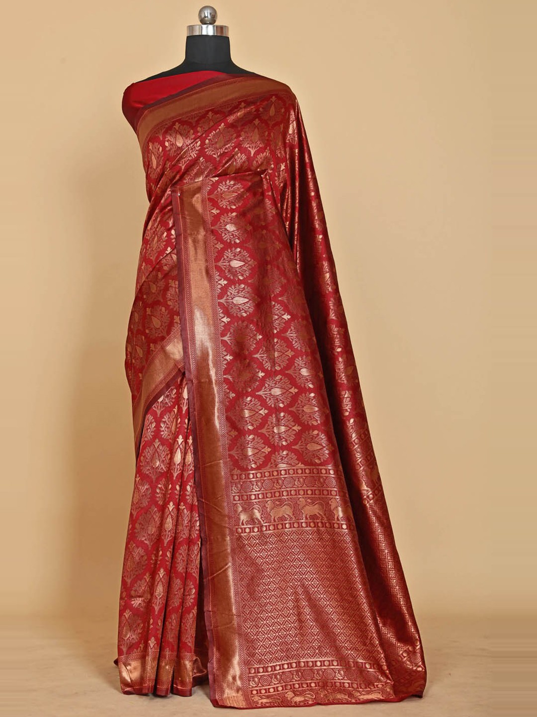 

BESUCHER Ethnic Motifs Zari Silk Blend Banarasi Saree, Red