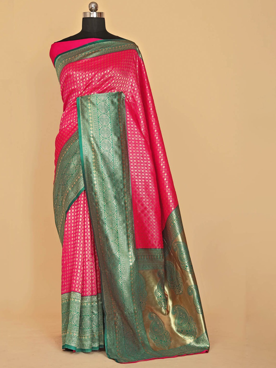 

BESUCHER Pink & Teal Ethnic Motifs Zari Silk Blend Kanjeevaram Saree