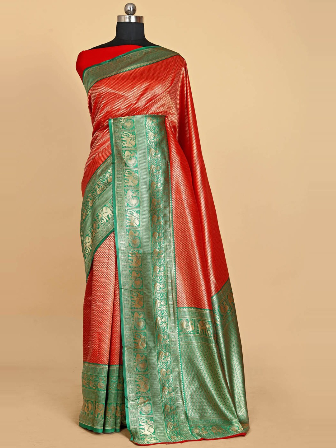 

BESUCHER Ethnic Motifs Zari Silk Blend Banarasi Saree, Red