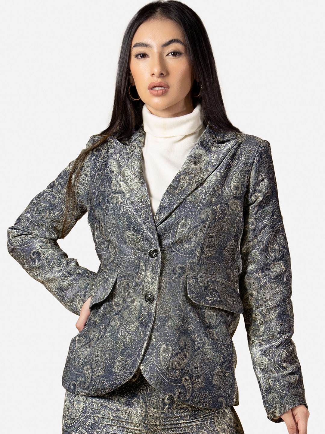 

NEOFAA Women Vintage Paisley Printed Velvet Blazer, Blue