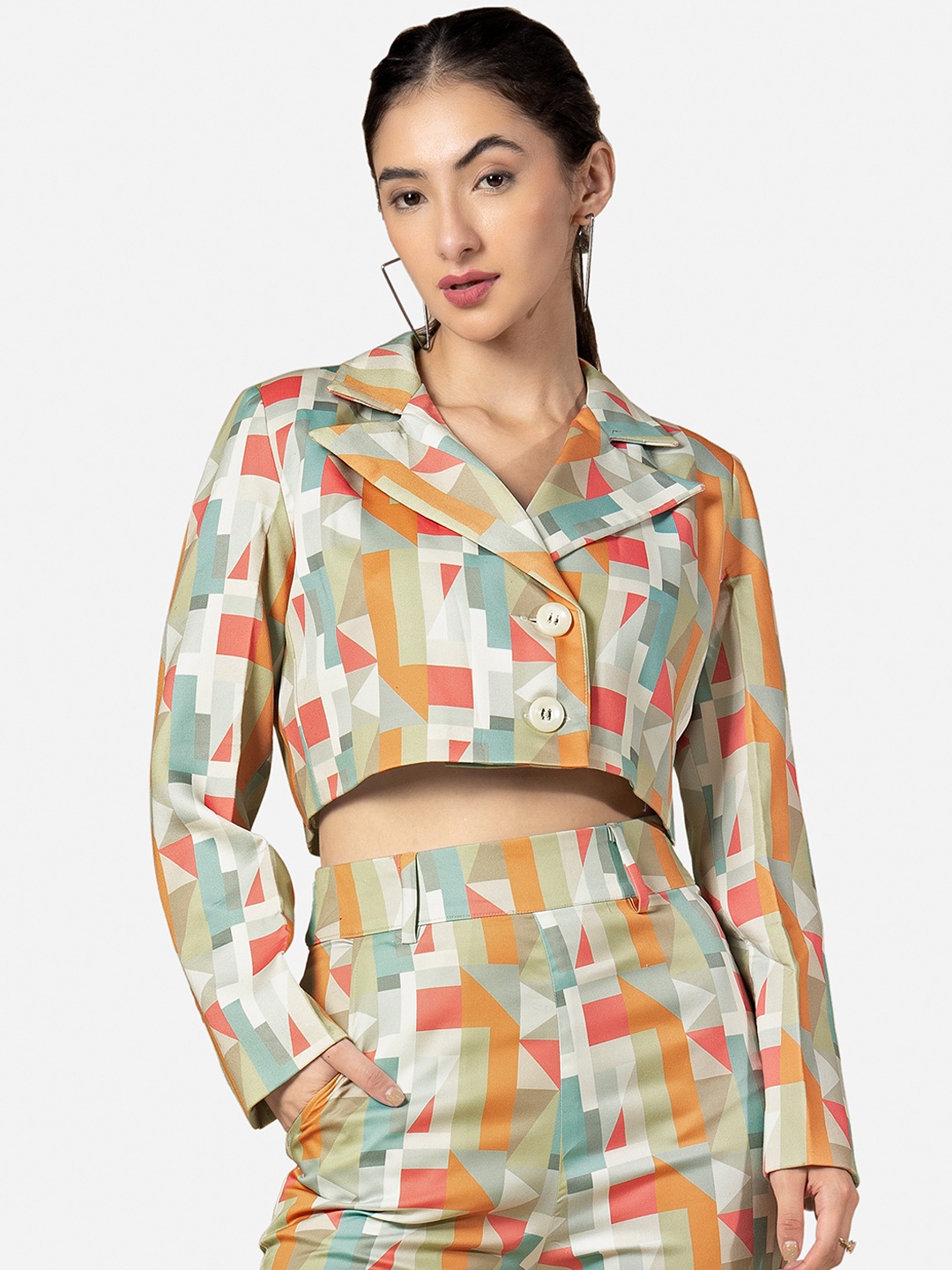 

NEOFAA Women Printed Single-Breasted Crop Blazers, Orange