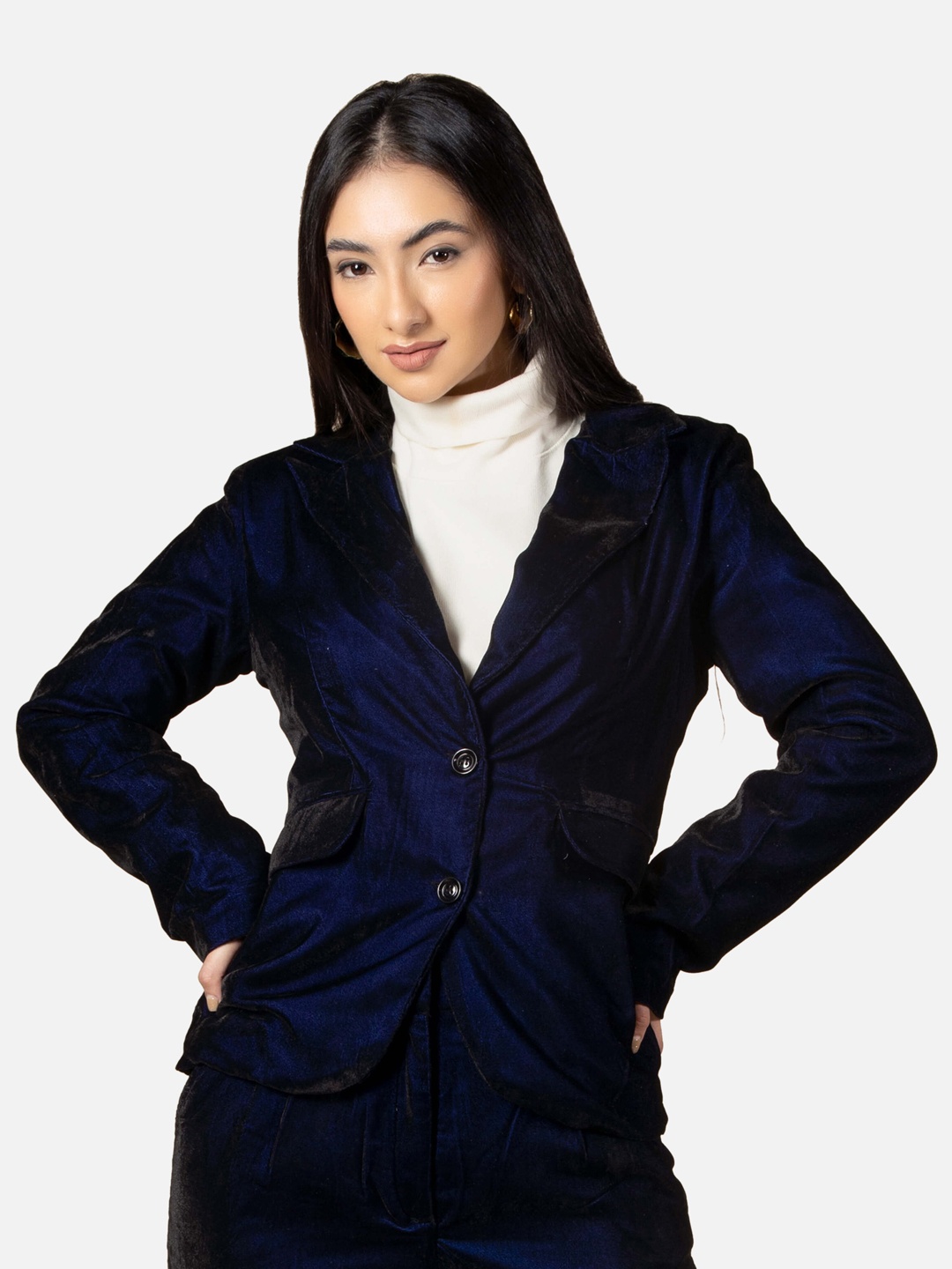 

NEOFAA Women Single-Breasted Velvet Blazer, Navy blue