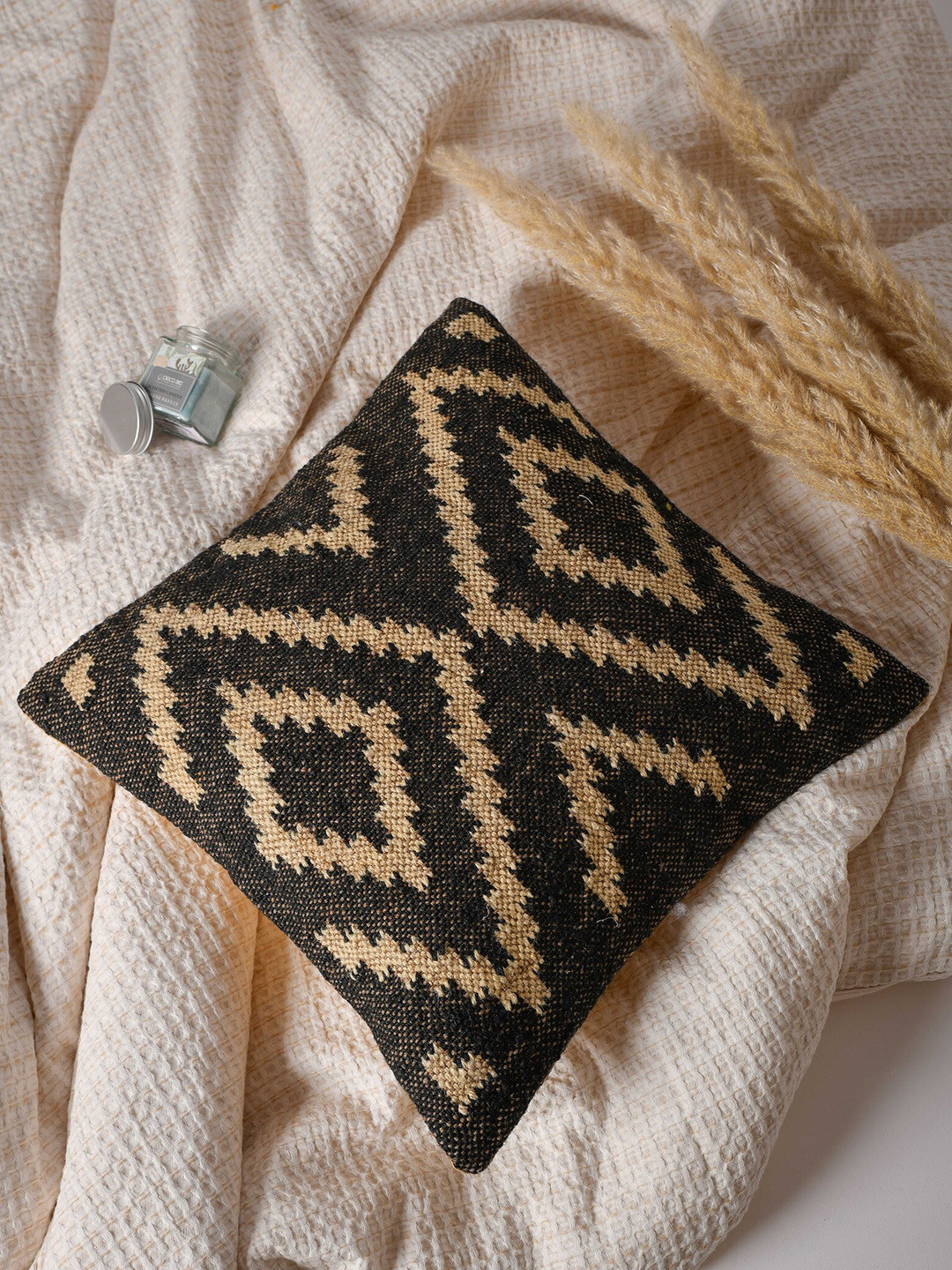

THE SEWING CREST Black & Beige Self Design Cotton Square Cushion Cover