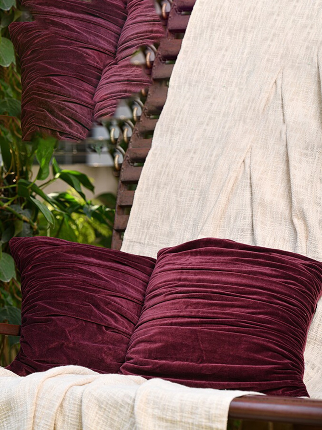 

THE SEWING CREST Burgundy 2 Pcs Velvet Self Design Textured Square Cushion Cover