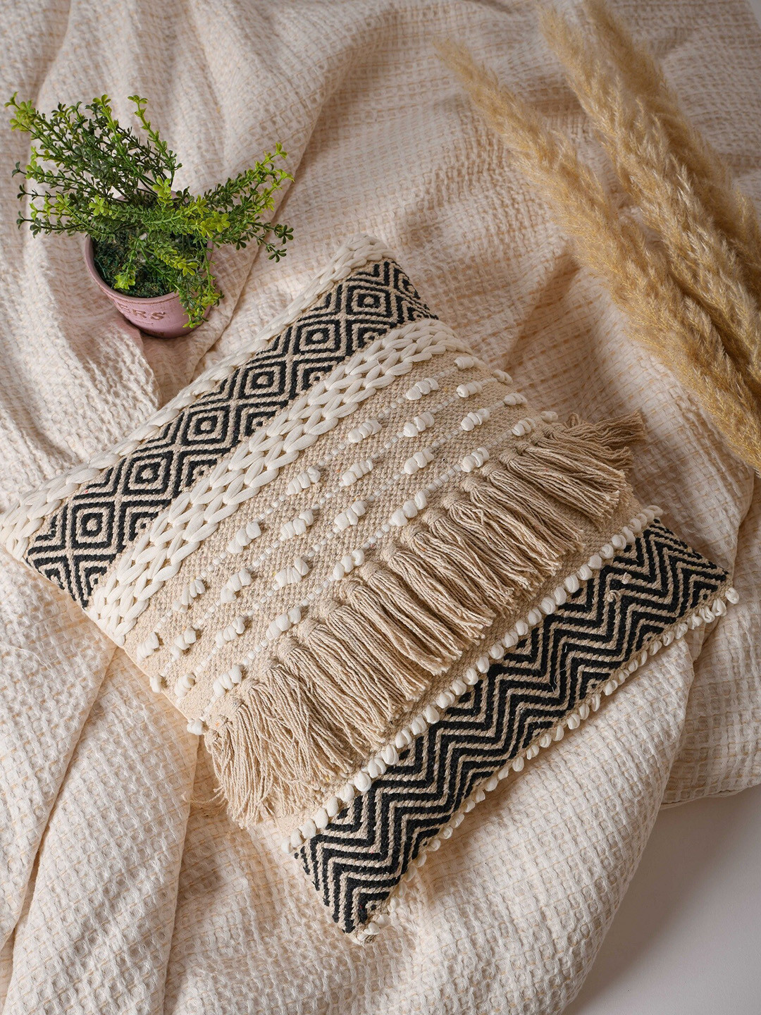 

THE SEWING CREST Off White & Brown Self Design Textured Cotton Square Cushion Cover