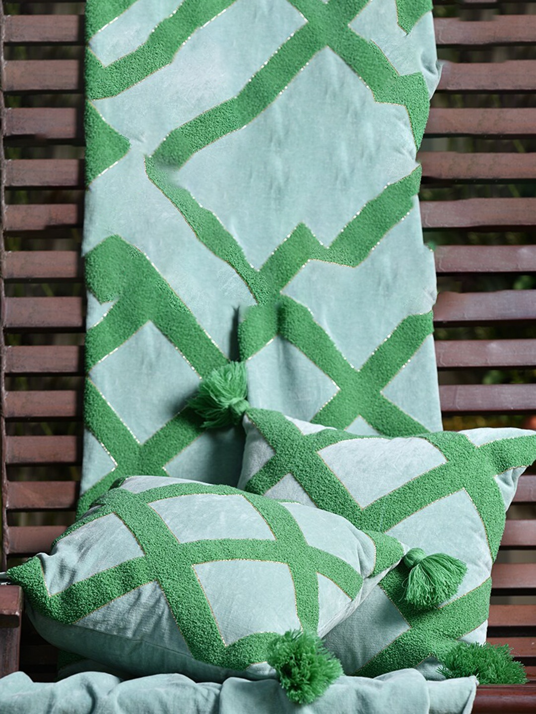 

THE SEWING CREST Blue & Green Geometric Applique Velvet Square Cushion Cover