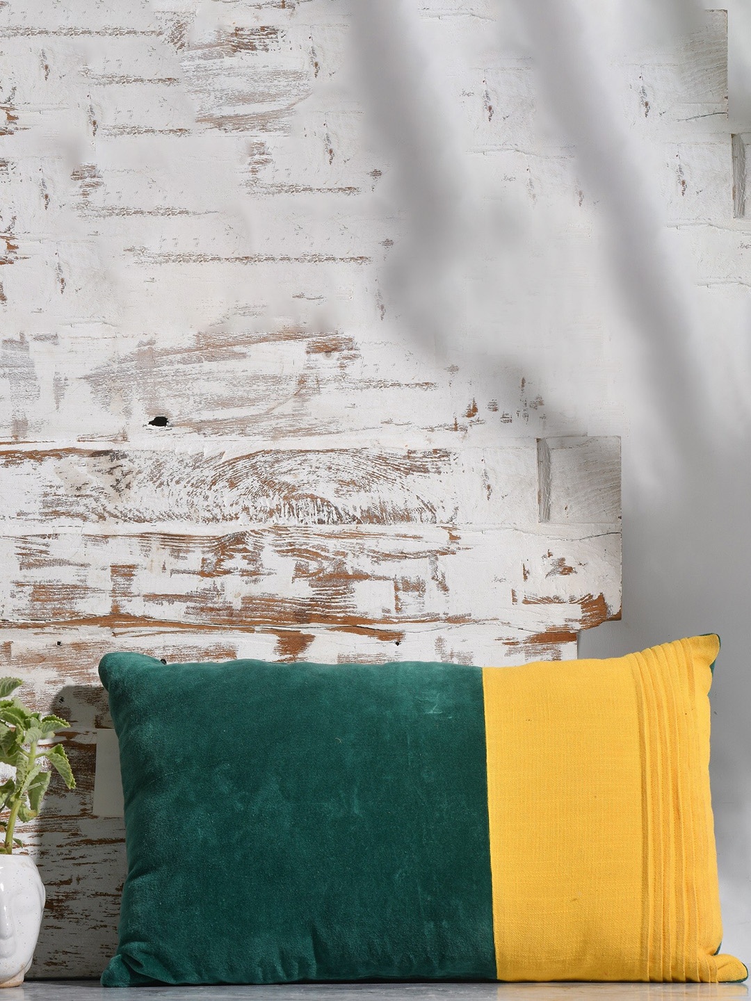 

THE SEWING CREST Green & Yellow Colourblocked Velvet Rectangle Cushion Cover
