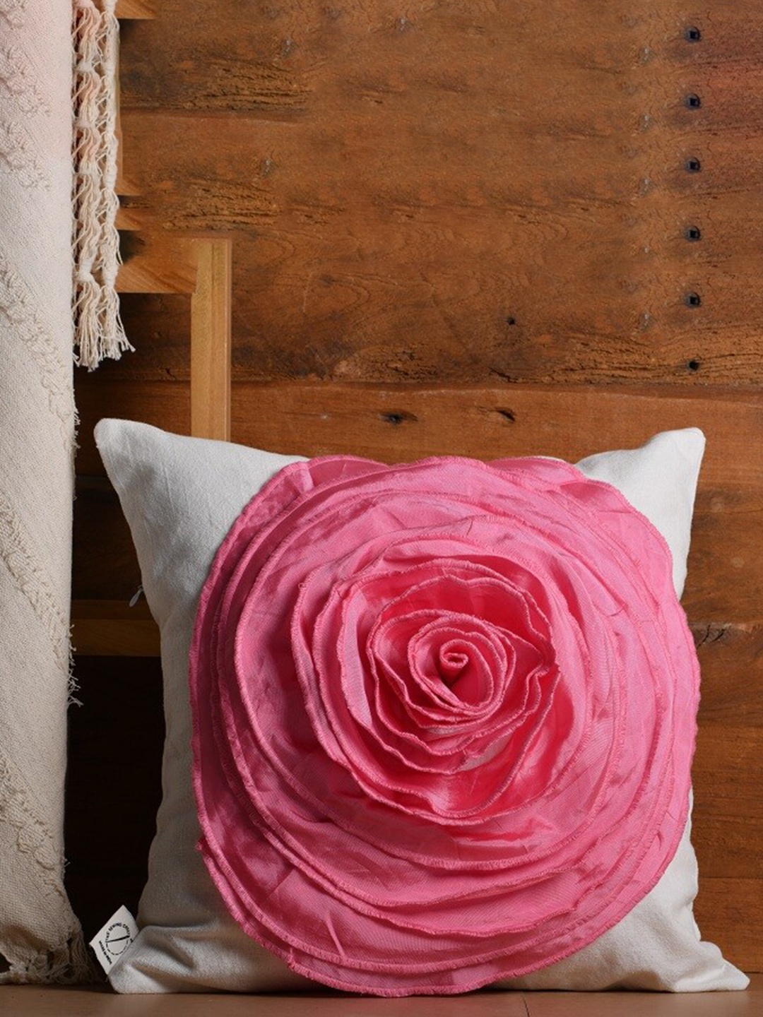 

THE SEWING CREST Cream & Pink Applique Square Cushion Cover