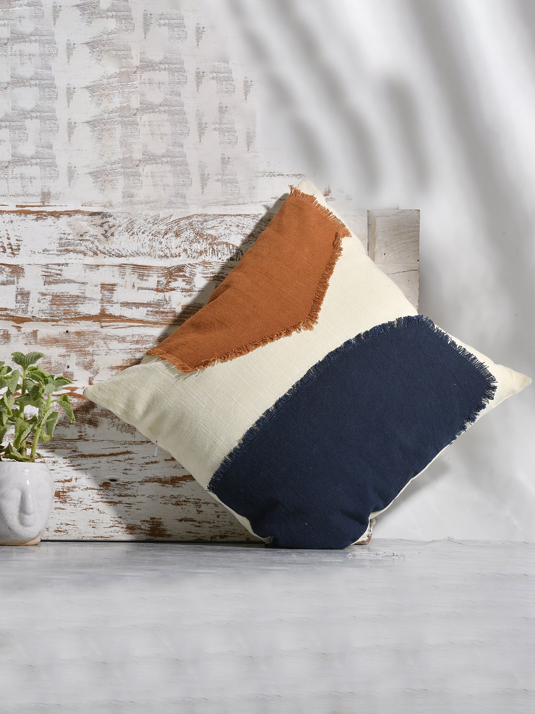 THE SEWING CREST Navy Blue & Cream Applique Square Cushion Cover