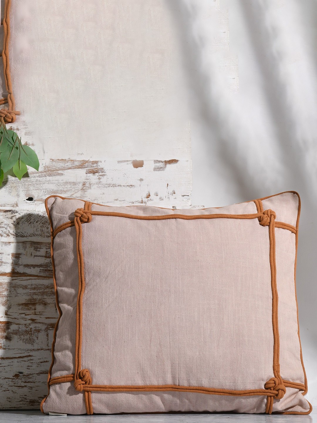 

THE SEWING CREST Beige & Tan Geometric Textured Cotton Square Cushion Cover