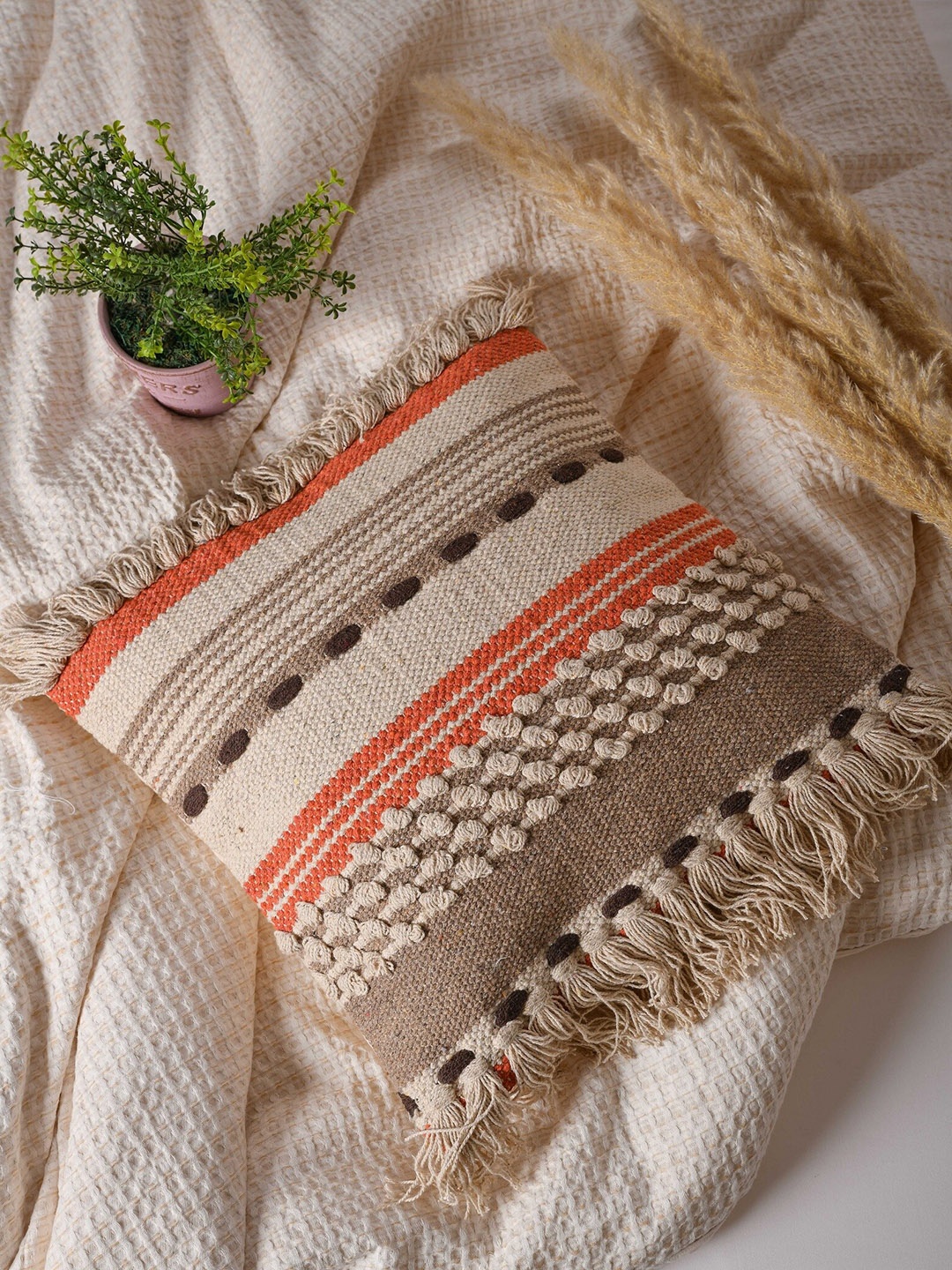 

THE SEWING CREST Brown & Orange Self Design Textured Cotton Square Cushion Cover