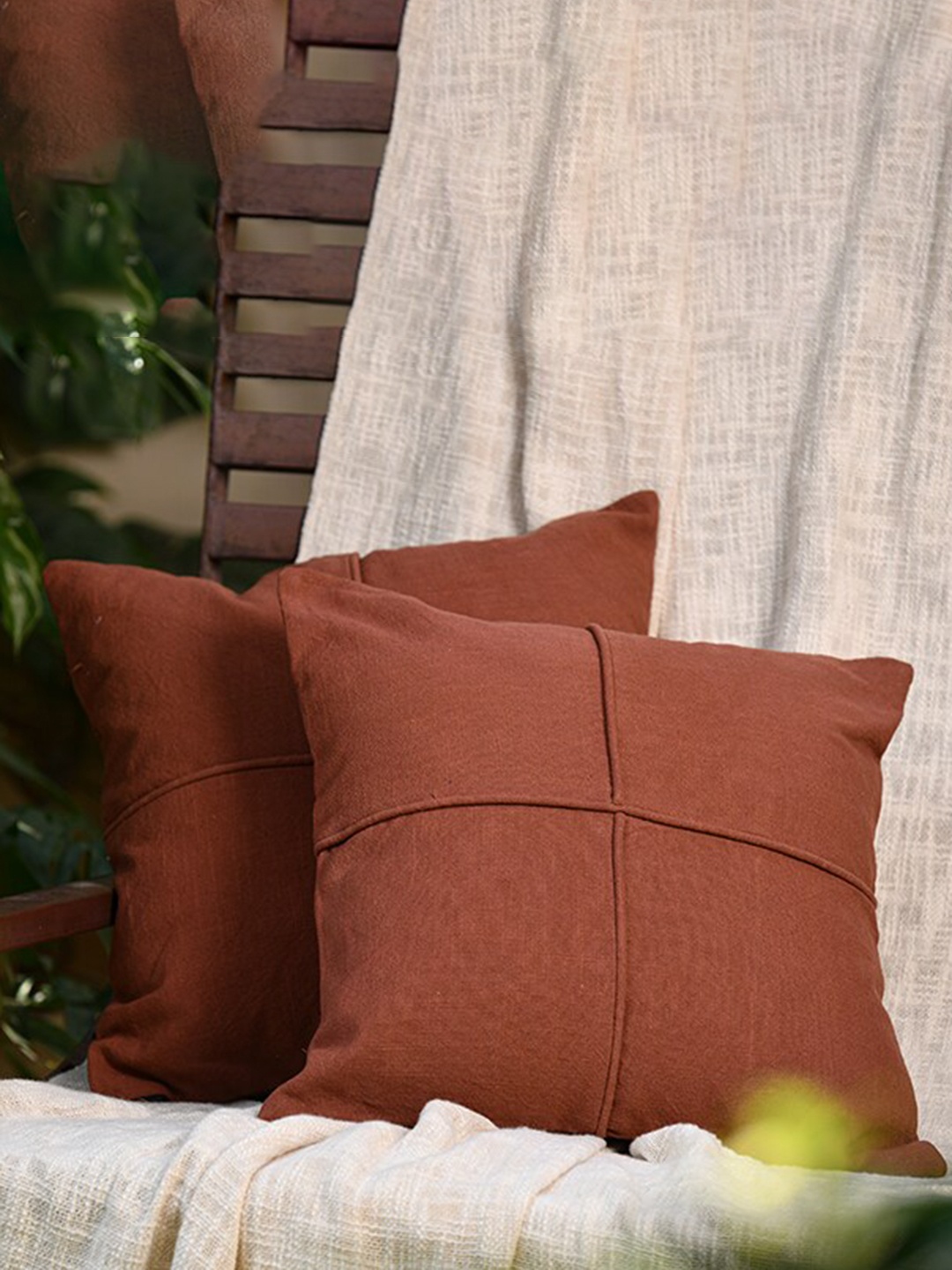 

THE SEWING CREST Brown Self Design Textured Cotton Square Cushion Cover