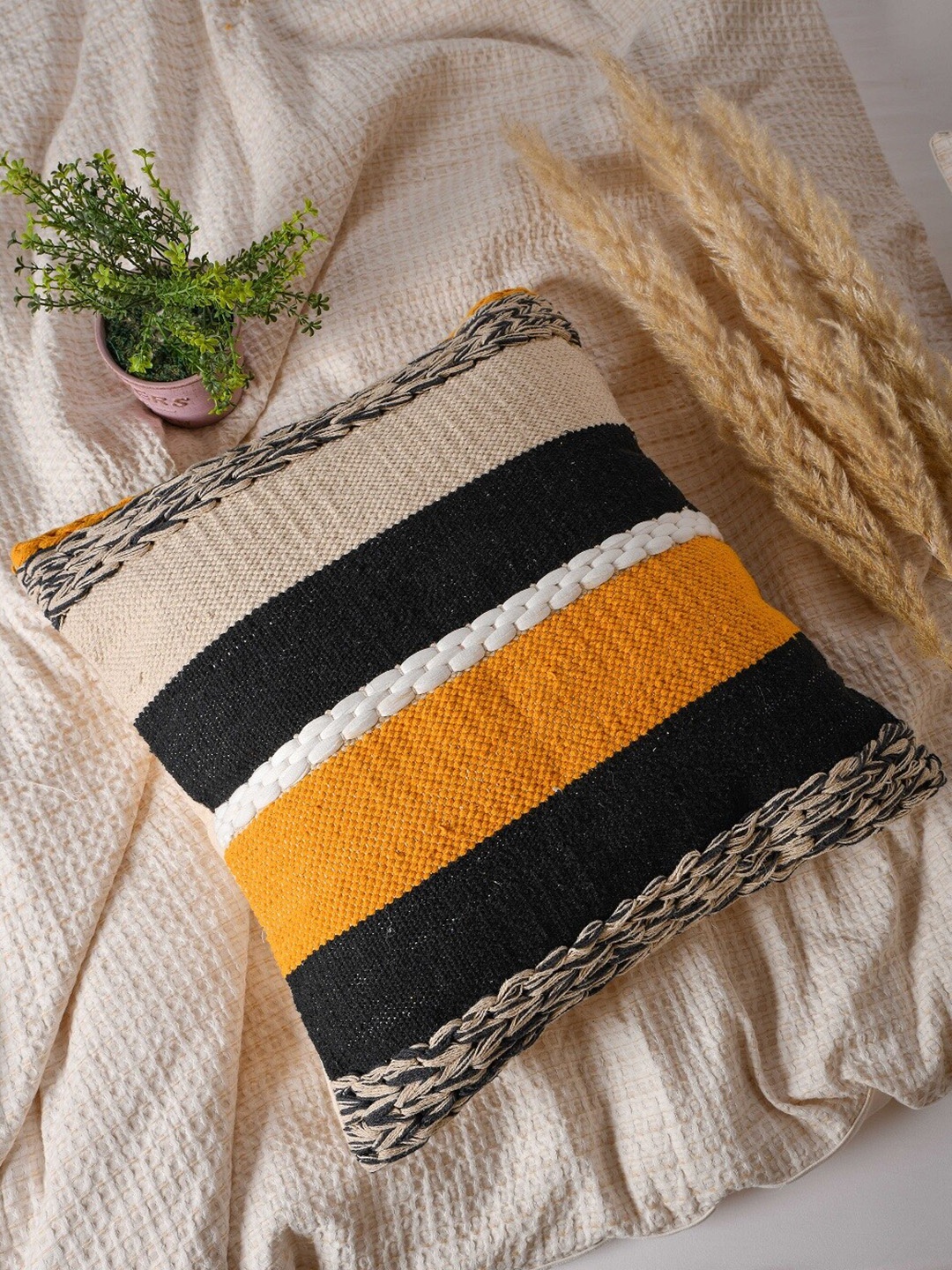 

THE SEWING CREST Yellow & Black Self Design Textured Cotton Square Cushion Cover