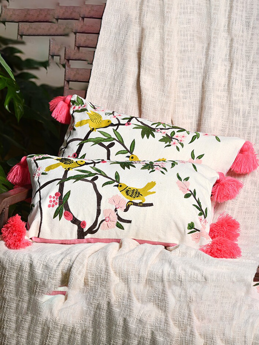 

THE SEWING CREST White & Green 2 Pieces Floral Embroidered Rectangle Cushion Covers